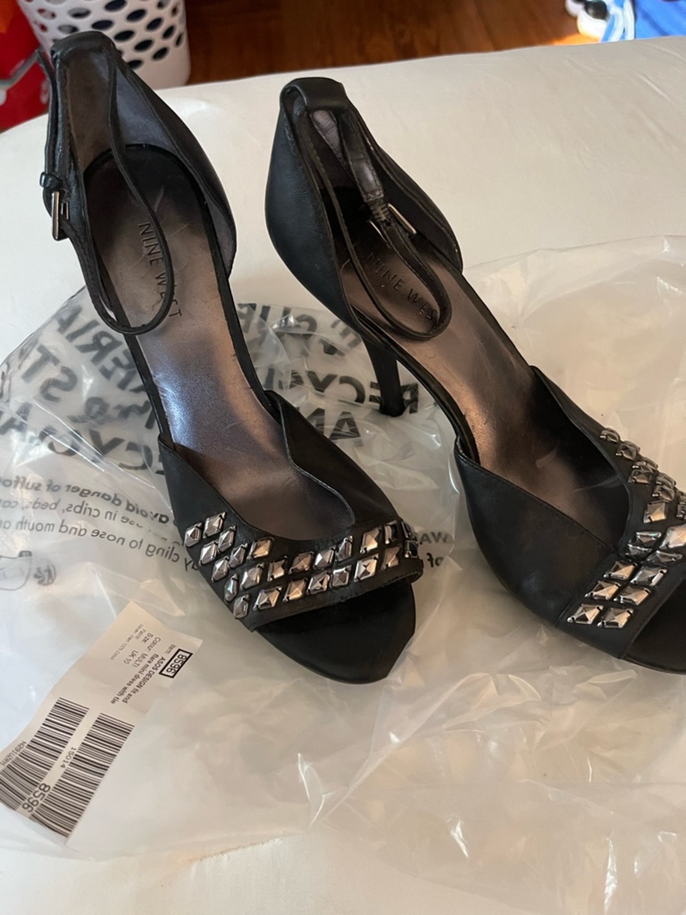 Nine West Black Open-Toe Ankle-Strap Heels with Silver Studs
